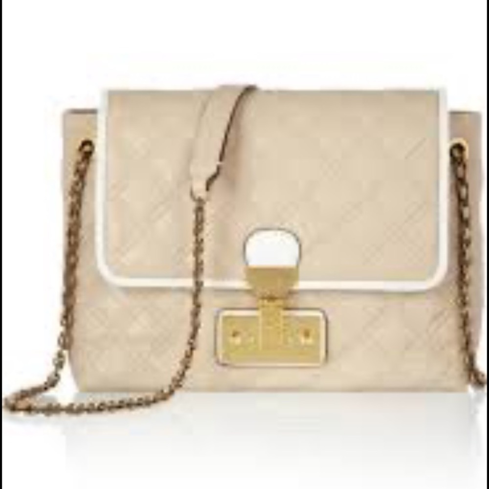 Marc Jacobs Single Leather Shoulder Bag Beige White Trim Gold chain